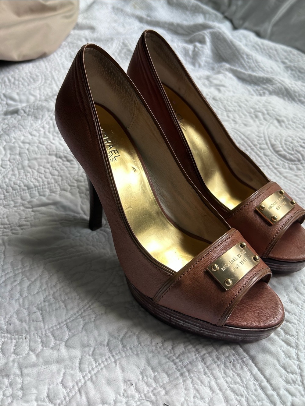 Michael Kors Brown Leather Peep-Toe Platform Heels with Gold Plaques